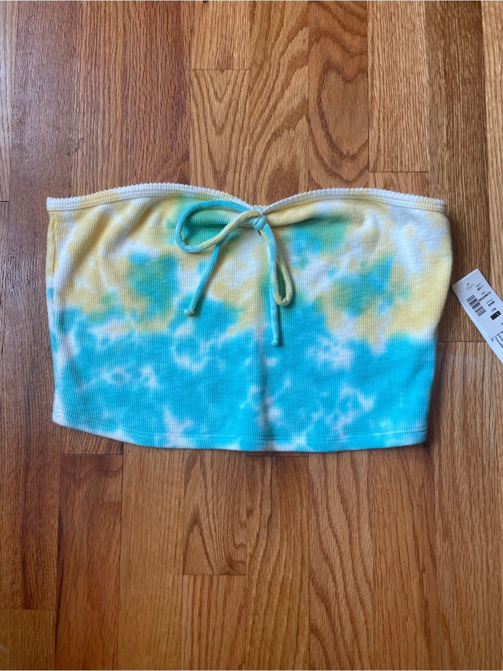 Tie-Dye Strapless Tube Top with Front Tie - Yellow & Blue